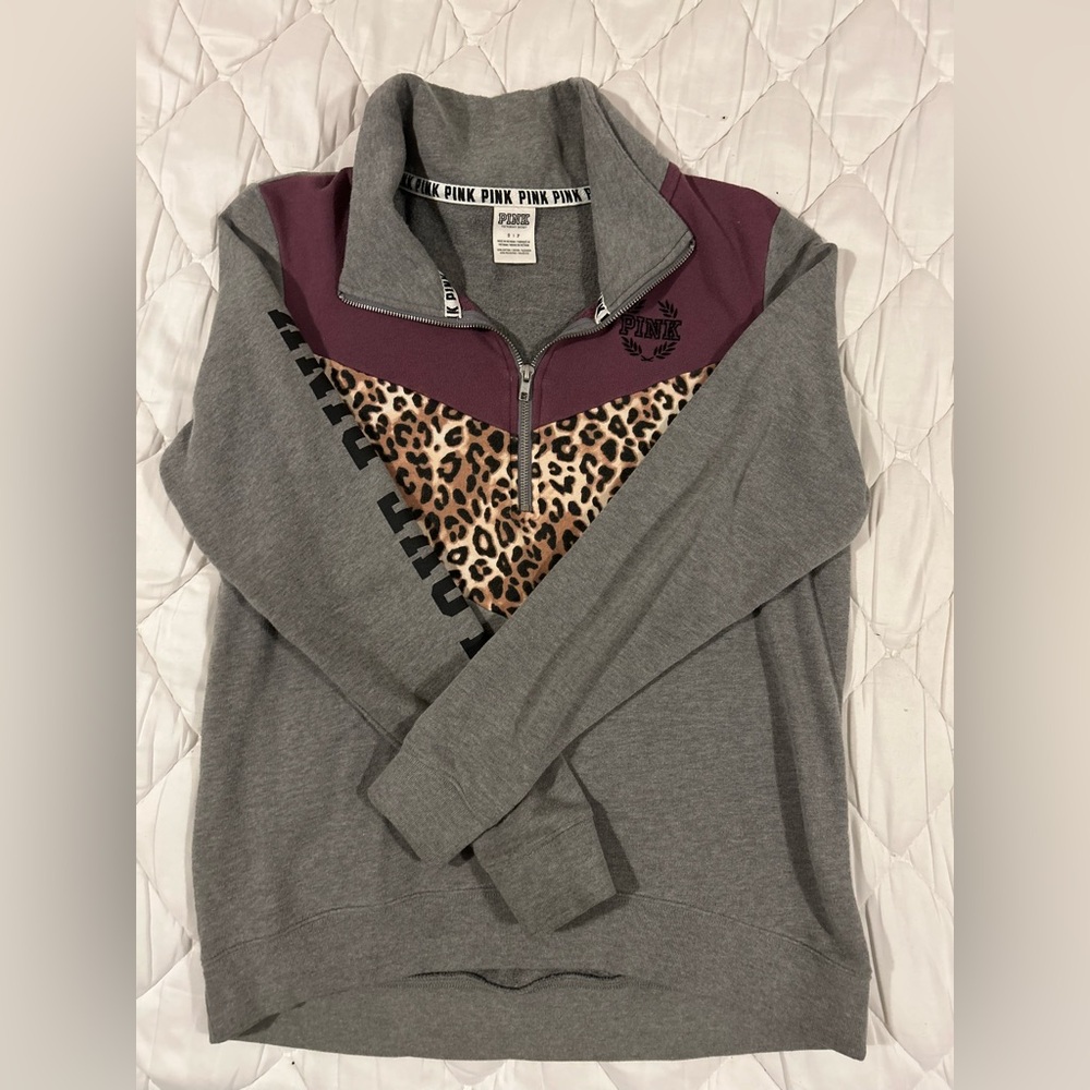 PINK Victoria's Secret Gray and Purple Sweatshirt with Leopard Print